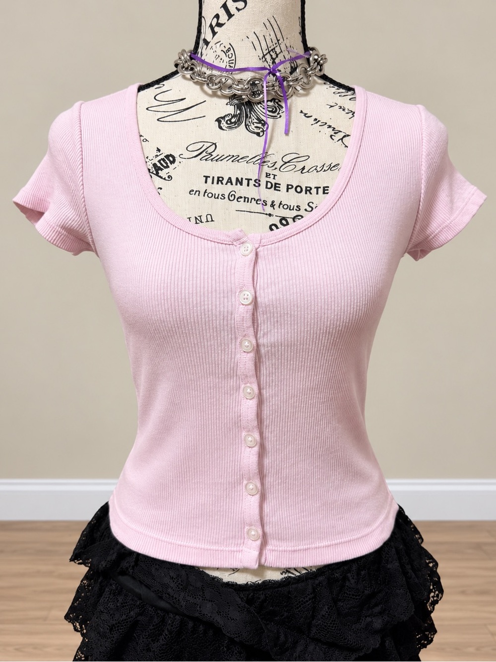 Brandy Melville Light Pink Ribbed Button-Front Scoop Top